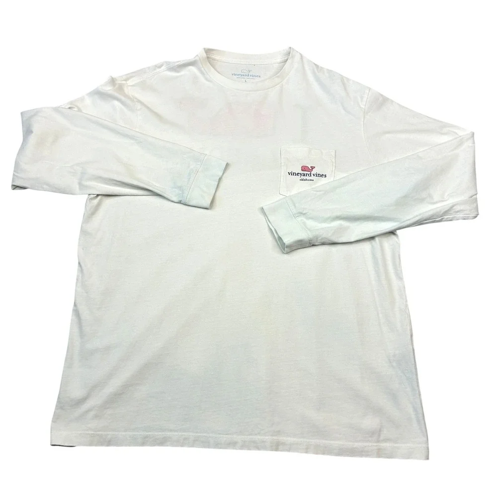 Vineyard Vines T-Shirt Mens Large White Oklahoma Whale Long Sleeve Pocket Tee
